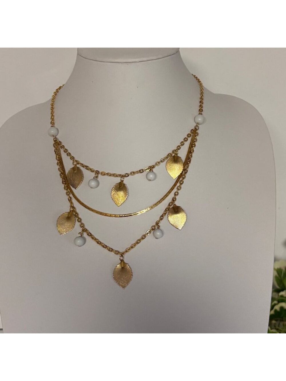 Gold-Plated Layered Necklace Textured Leaf White Bead Dangles Korea Timeless NEW